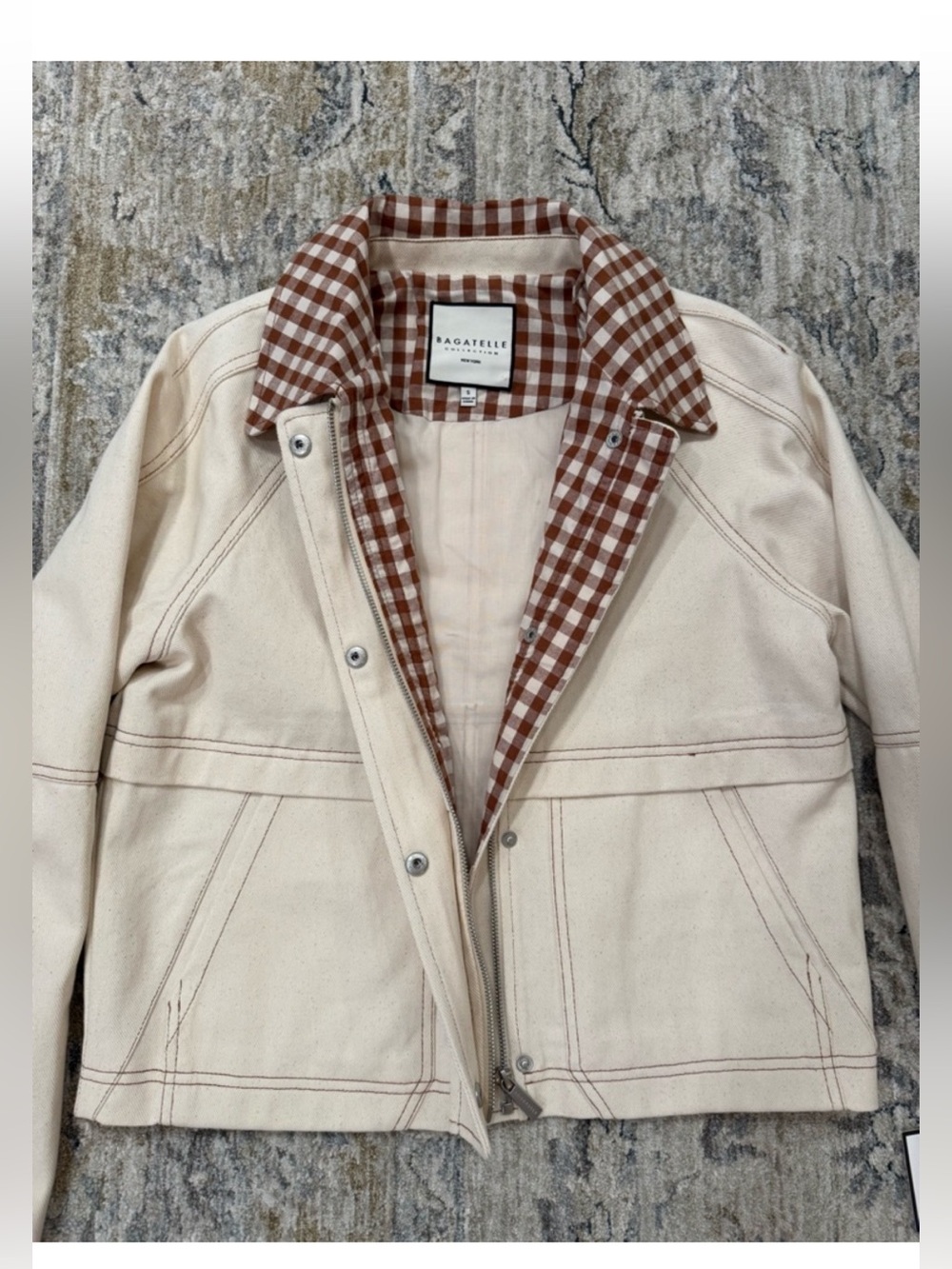 Bagatelle Cream Denim Farm Jacket with Gingham trim - Picture 4 of 11